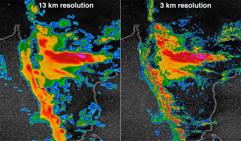2018年8月印度季风预报图，左图是分辨率为13公里的全球天气模式图，右图是分辨率为3公里的GRAF图.jpg